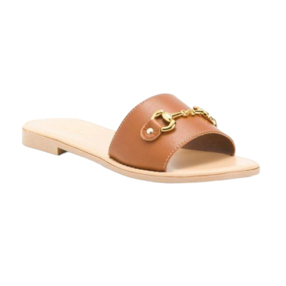 Avellini Italy Cognac Brown Faux Leather Gold Chain Bit Sandals Slides - 6.5